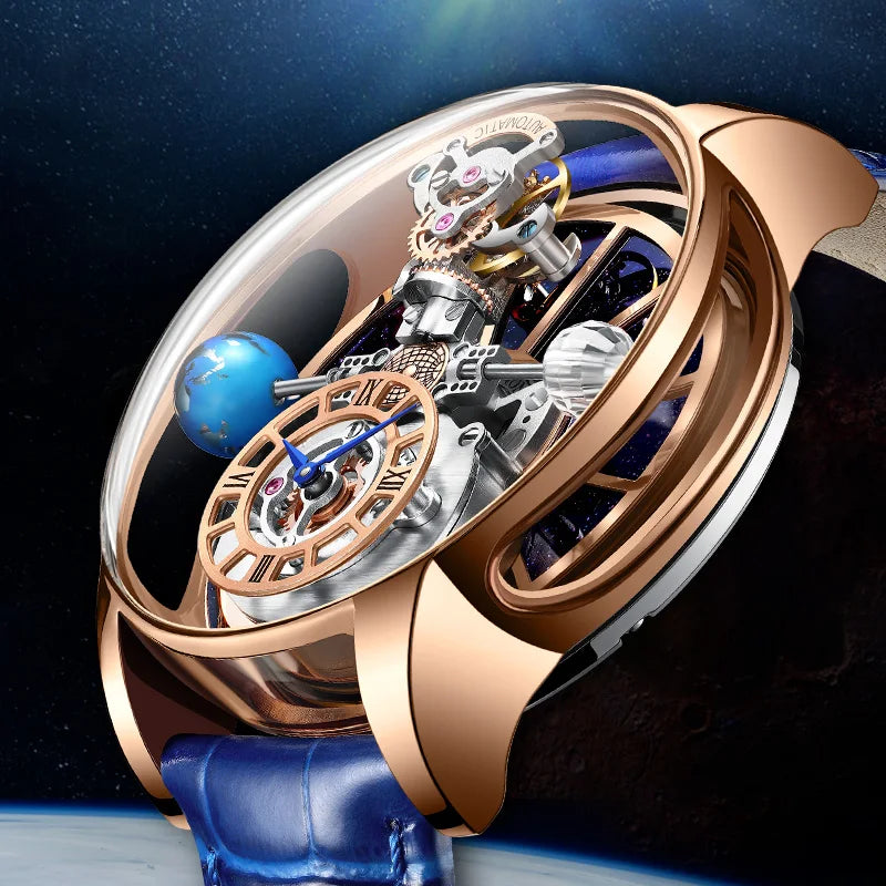 2024 HAEMMER Astronomia Orologio da uomo Custodia trasparente Design Orologio al quarzo in pelle da uomo Regolazione del tempo Jacob Relogio Impermeabile
