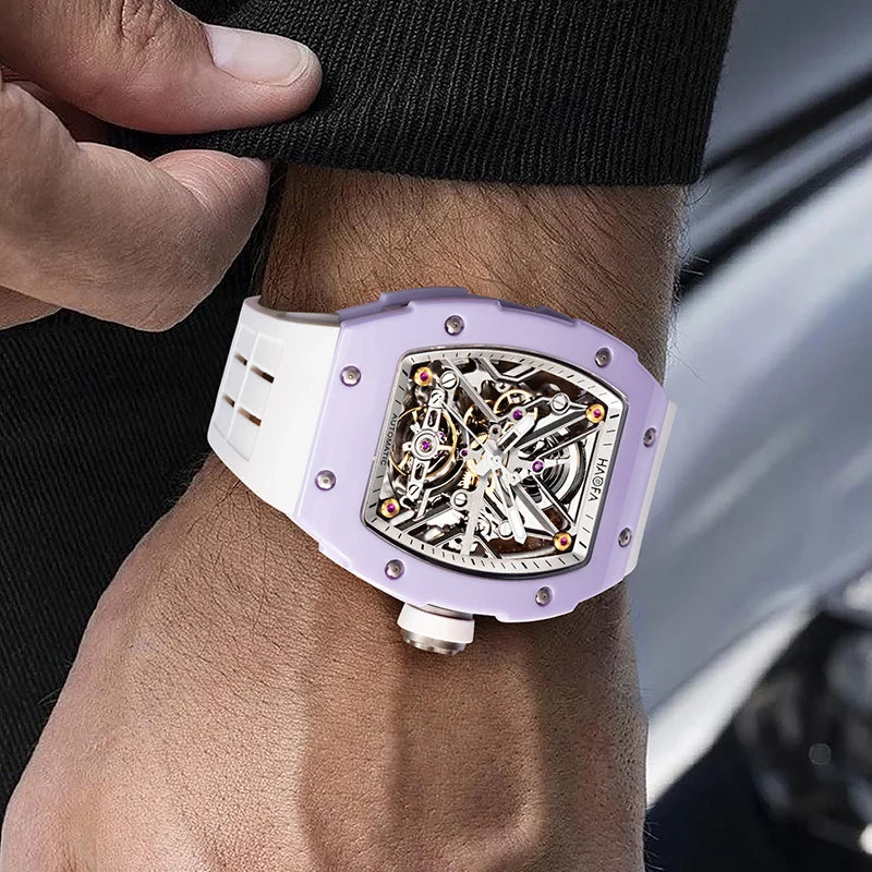 Haofa Orologio meccanico automatico scheletrato per uomo Lunetta in ceramica Zaffiro Luminoso Orologio sportivo da uomo con carica automatica impermeabile 1988