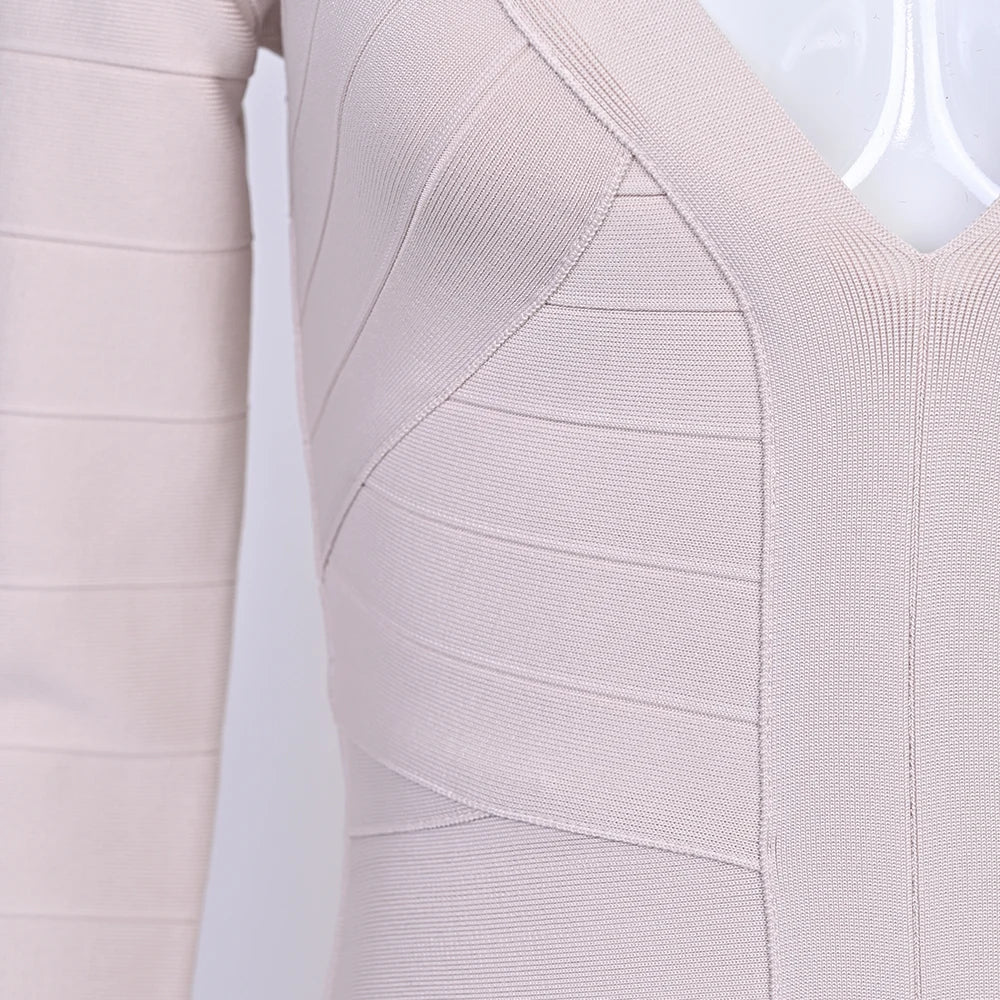 BEAUKEY Abito da Sera Sexy Mini con Scollo a V Profondo e Maniche Lunghe Beige, Vestito da Festa con Fasce, Abito da Clubwear Lungo Stile Runway