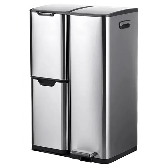 60L Triple Compartment Stainless Steel Recycling Bin with Pedal Press Button on Top Kitchen Trash Bin Recycle Bin