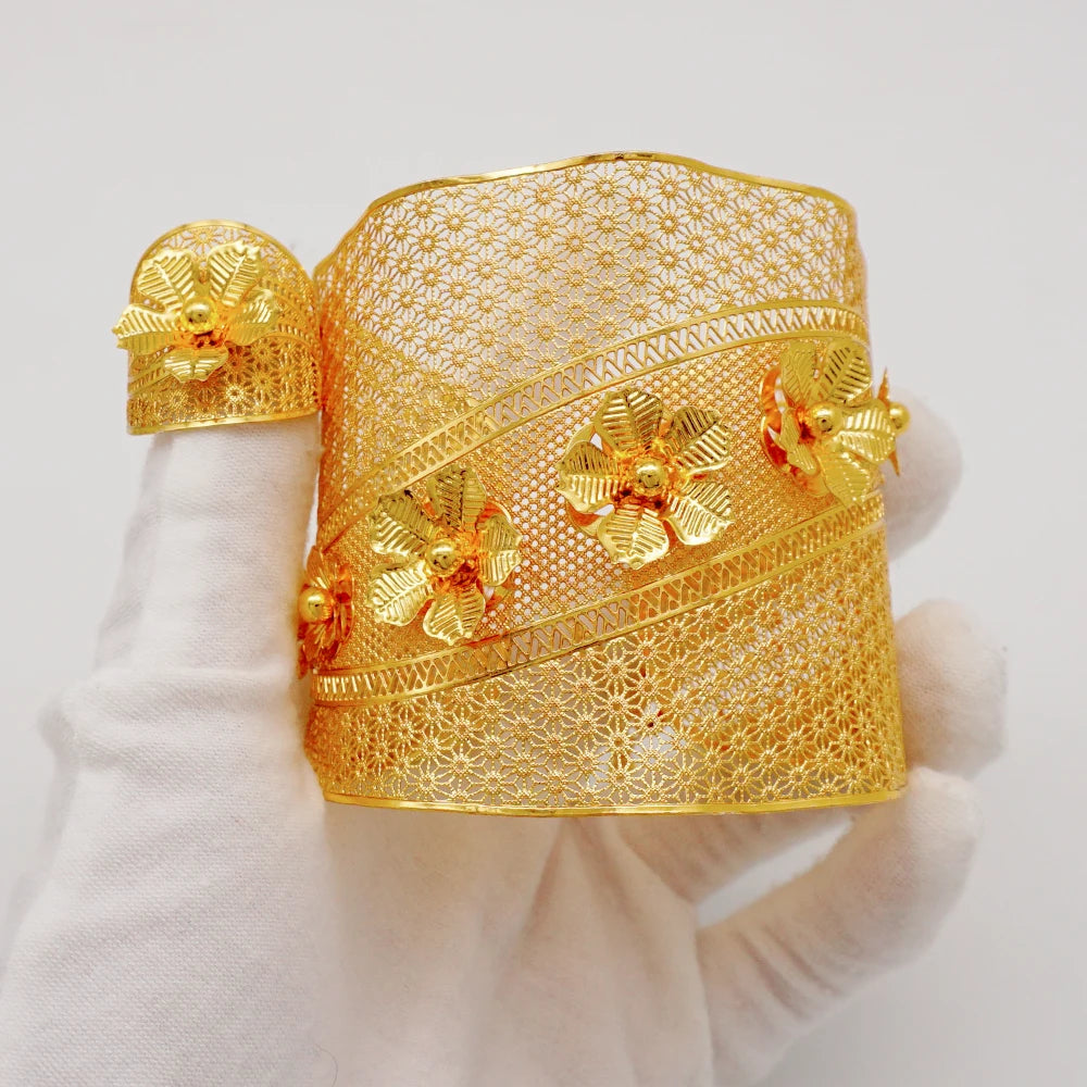 Bracciale color oro Dubai con anello per donna Bracciale con polsino a catena con ciondoli Bracciale indiano Arabo Francia Regali di gioielli da sposa
