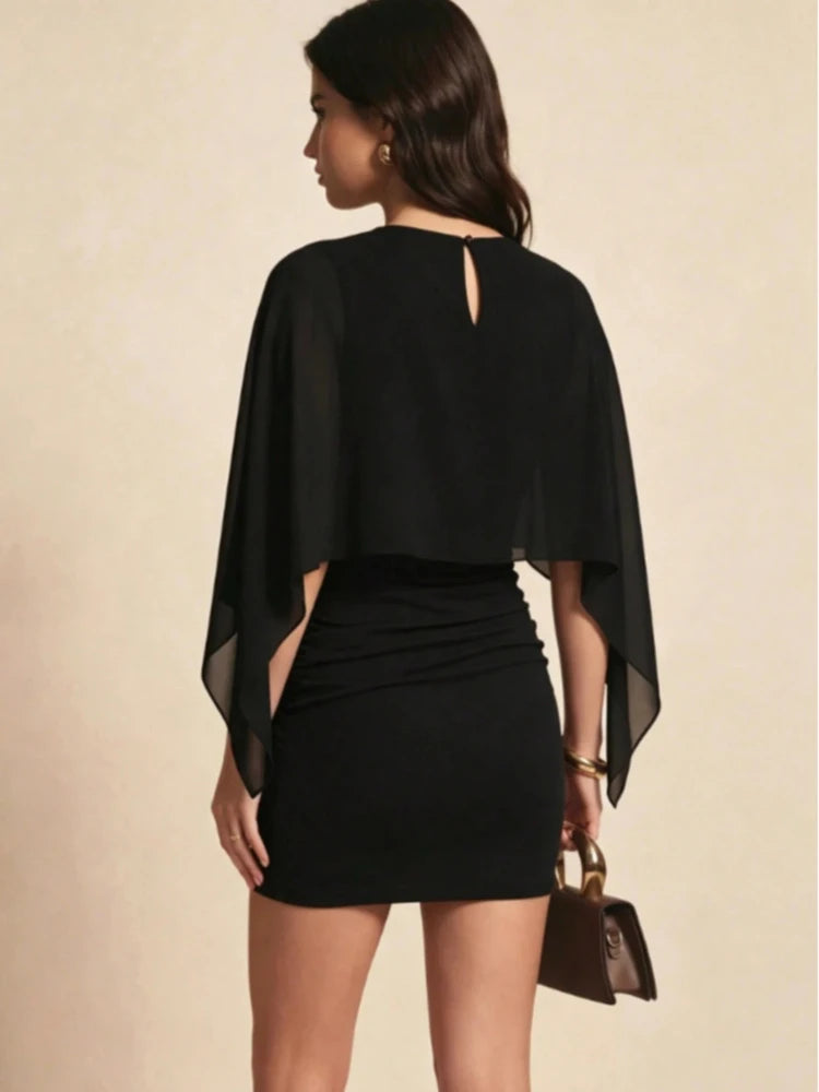 Nuovo Abito Mini da Donna Autunnale con Scollo Rotondo e Maniche a Mantella, in Chiffon Trasparente, con Vita Arricciata, Elegante per Feste e Serate in Discoteca