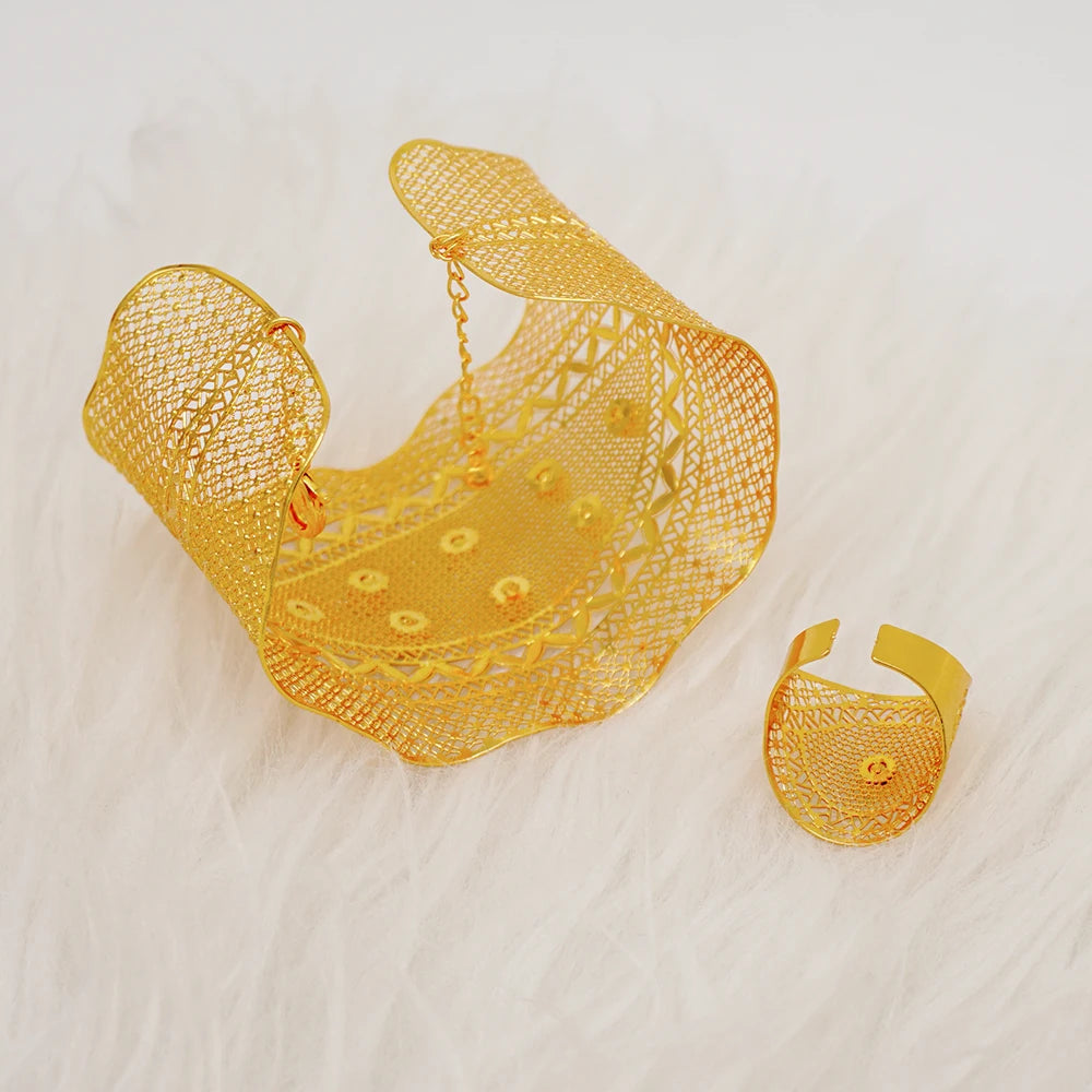 Bracciale color oro Dubai con anello per donna Bracciale con polsino a catena con ciondoli Bracciale indiano Arabo Francia Regali di gioielli da sposa