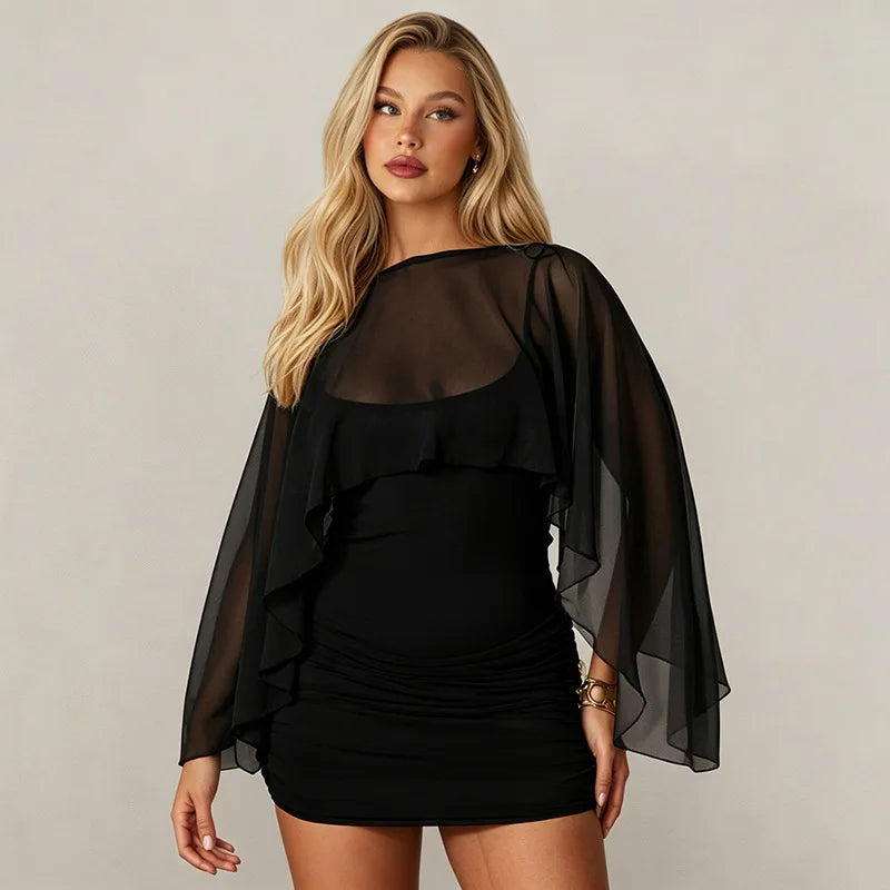 Mini Abito Sexy in Rete Trasparente da Donna, Outfit da Festa Y2K, Vestito Aderente Senza Maniche con Scollo Tondo per l'Autunno, Regalo per le Vacanze