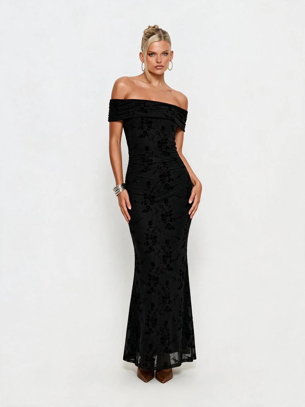 Abito lungo da donna a spalle scoperte con stampa floreale, elegante abito a sirena arricciato, abito aderente estivo da sera per feste, per signore.