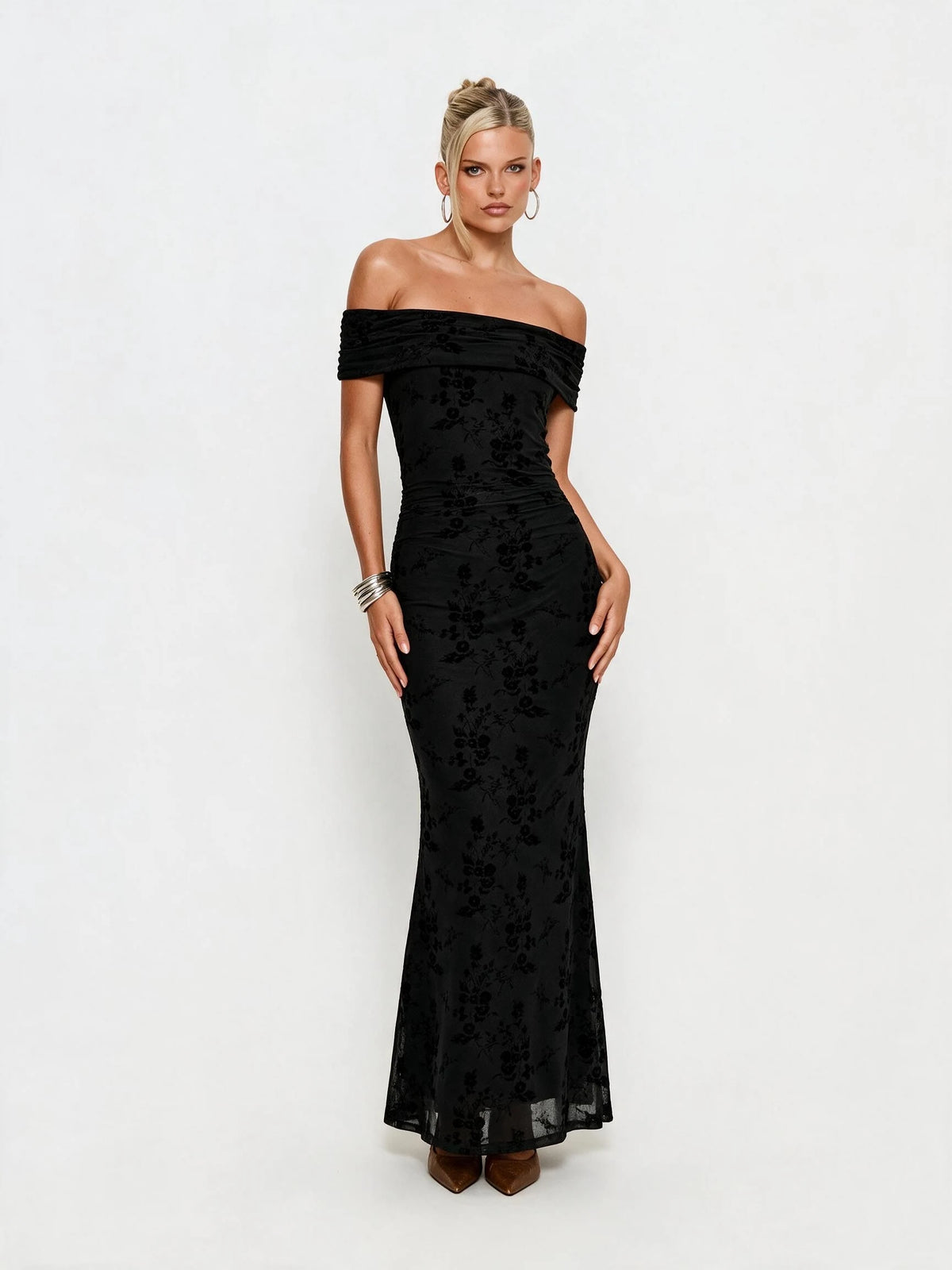 Abito lungo da donna a spalle scoperte con stampa floreale, elegante abito a sirena arricciato, abito aderente estivo da sera per feste, per signore.
