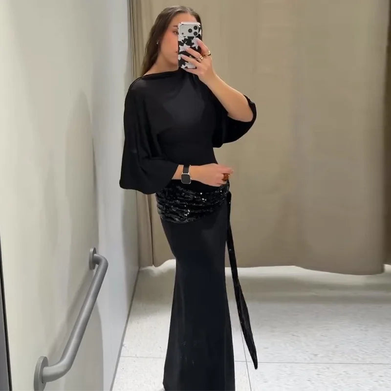 Sexy profondo scollo a V patchwork di pizzo con paillettes abito lungo da donna sottile senza maniche backless hip pacchetto abiti 2026 primavera abito da festa della signora