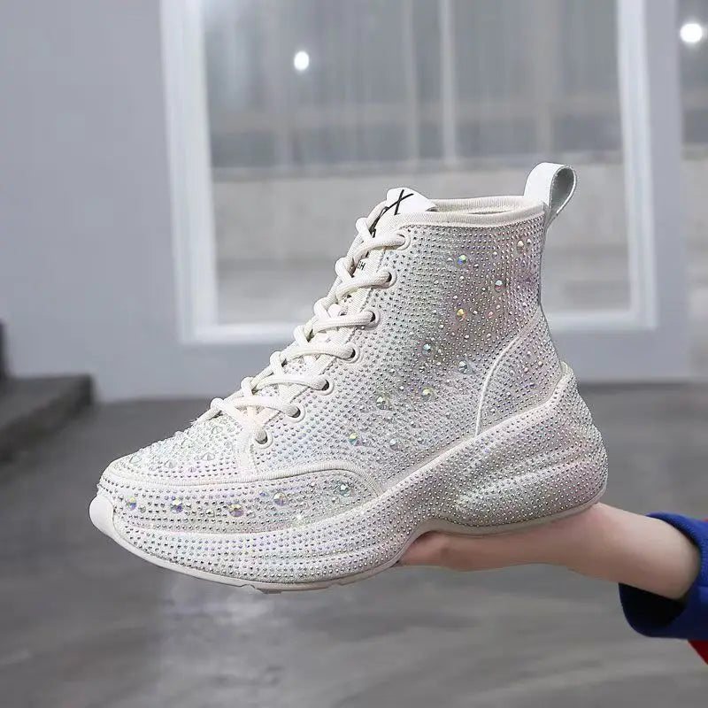 Stivali da donna con strass di lusso di marca originale Primavera High Top Blingbling Platform Sneakers Stivali da moto di moda Scarpe da papà