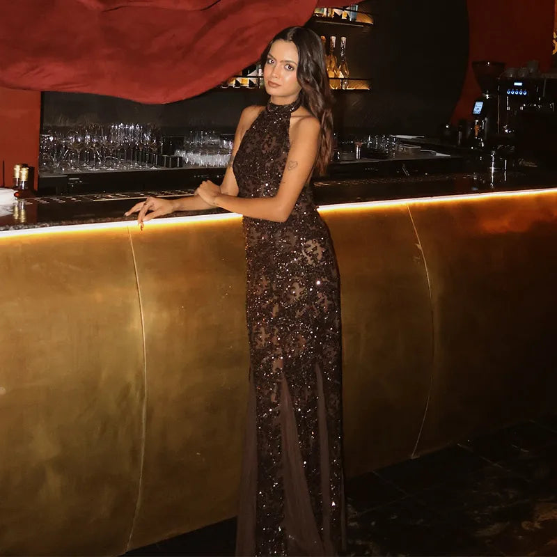 Sexy profondo scollo a V patchwork di pizzo con paillettes abito lungo da donna sottile senza maniche backless hip pacchetto abiti 2026 primavera abito da festa della signora