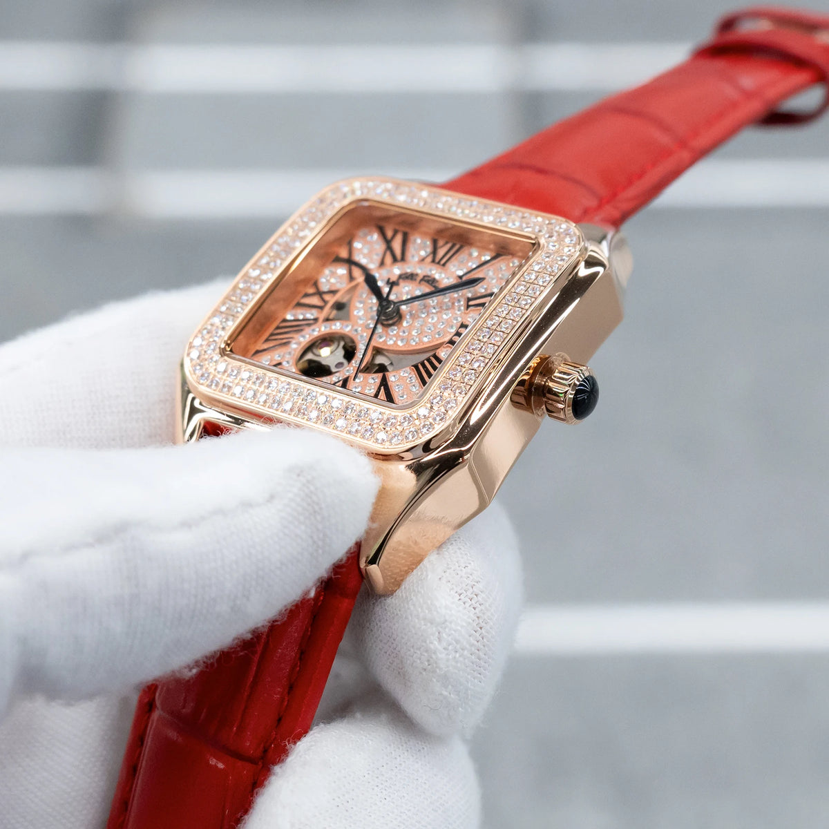 FolliFollie Orologio da donna automatico con quadrante in oro rosa e diamanti con numeri romani, cinturino in pelle, orologio da donna di lusso