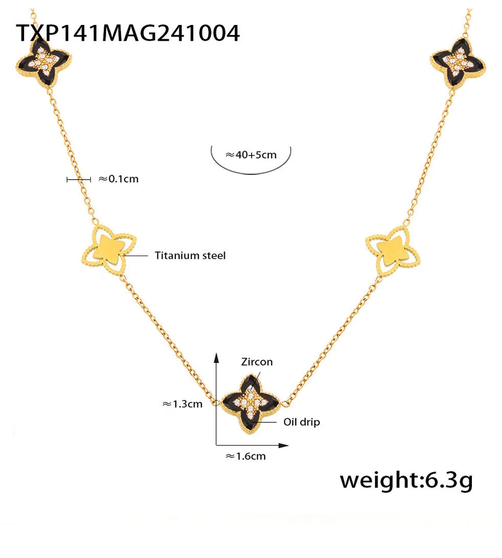 Nuovi set di gioielli alla moda con collana e bracciali a catena in acciaio inossidabile per donna, con fiore smaltato rosso e zirconi cubici scintillanti.