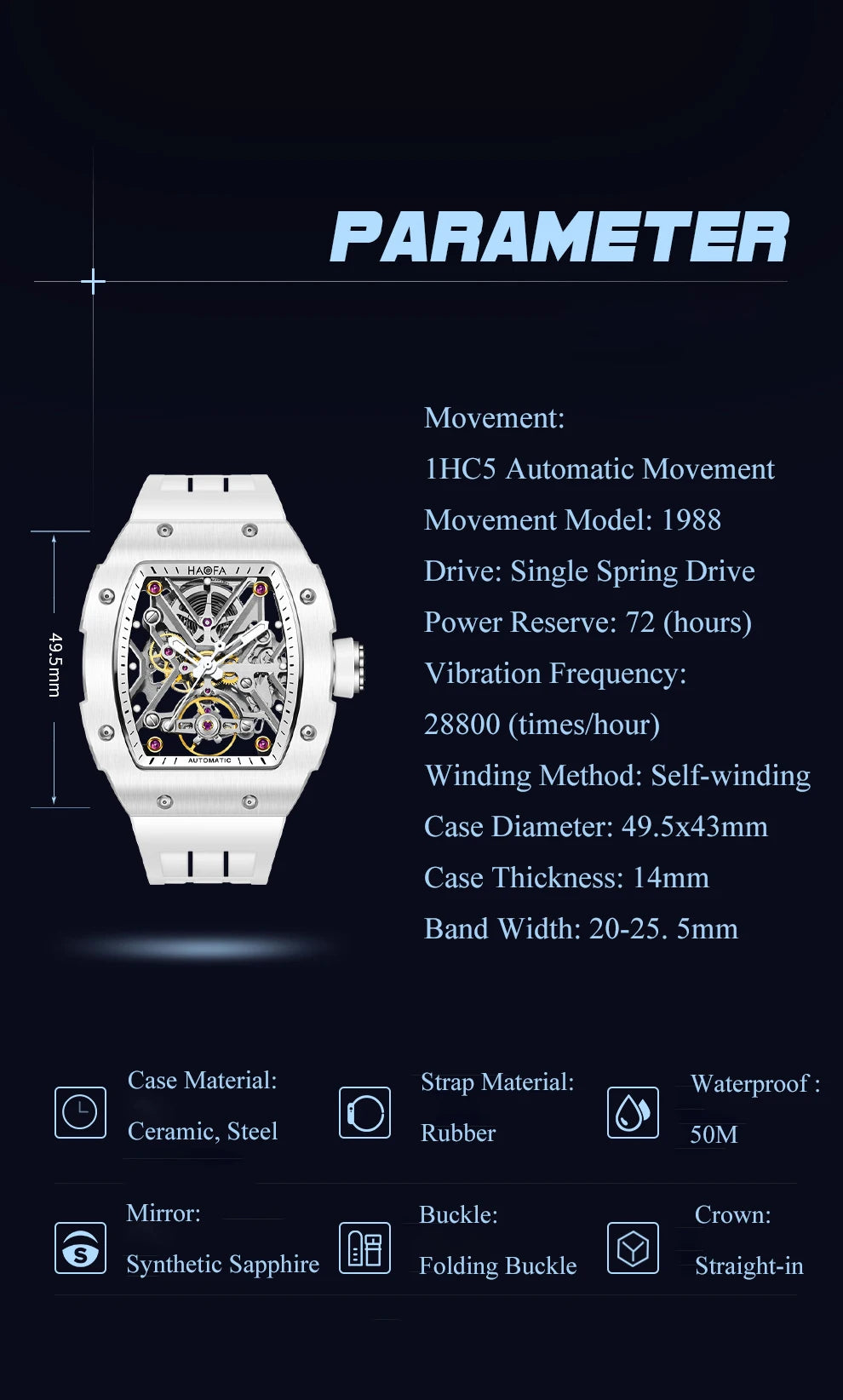 Haofa Orologio meccanico automatico scheletrato per uomo Lunetta in ceramica Zaffiro Luminoso Orologio sportivo da uomo con carica automatica impermeabile 1988
