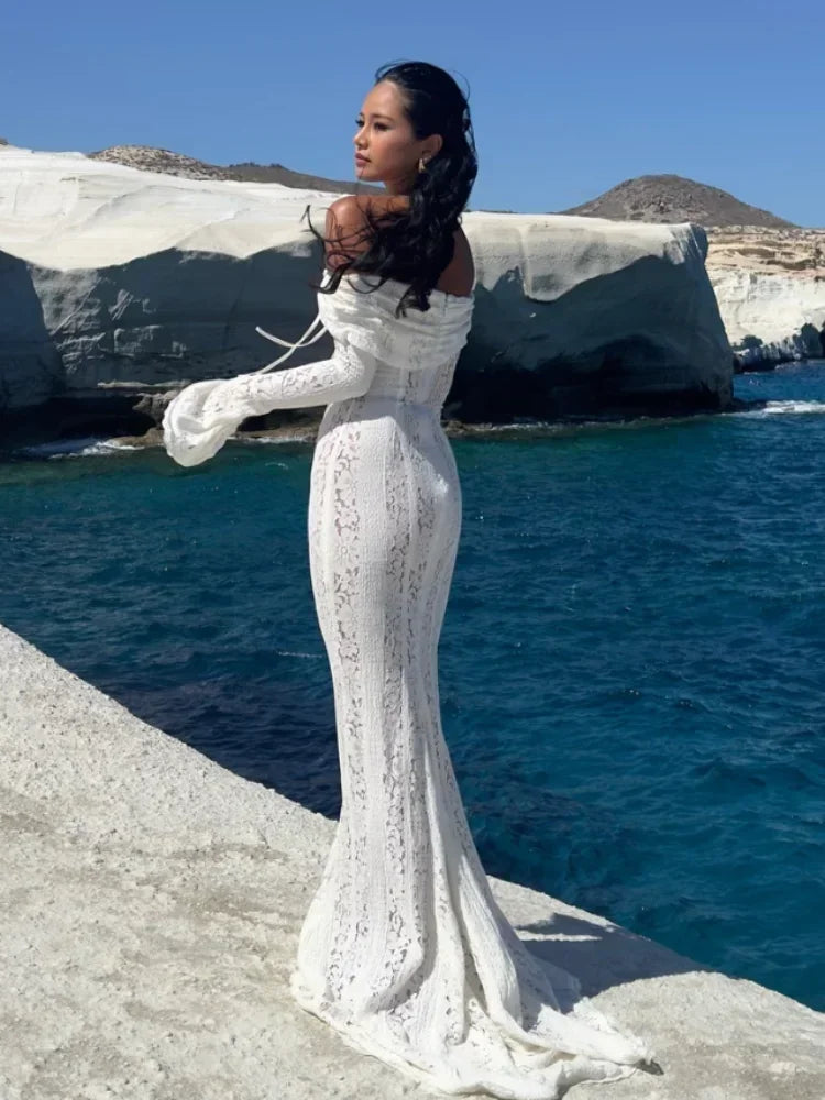 Sexy Hollow Out Women See-through Lace Up Party Dress femminile maniche svasate petto avvolto abiti 2024 Summer Lady Seaside Gowns