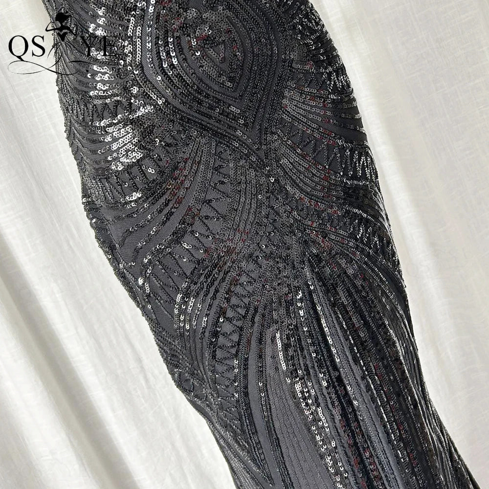 Abito da sera lungo nero semplice con paillettes, modello a sirena, spalline sottili, scollo a V, senza schienale, elegante per feste