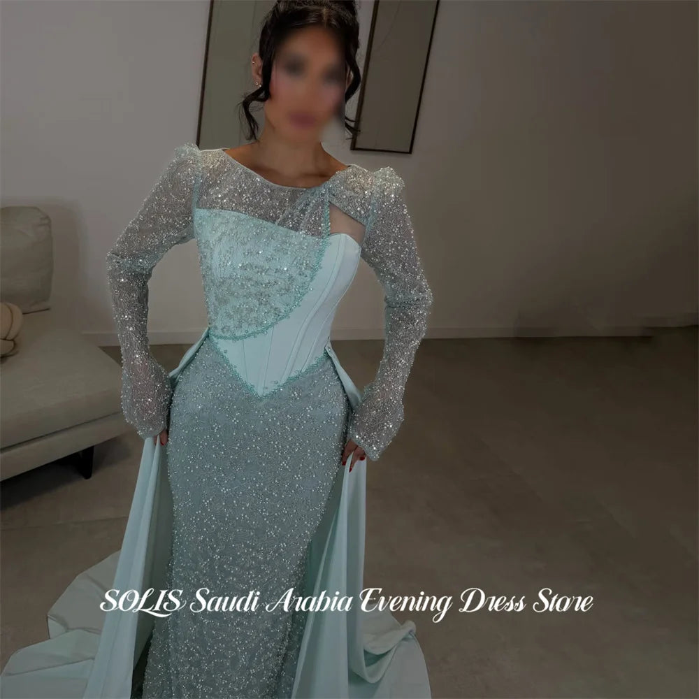 Abito da Sera SOLIS Verde Menta Stile Sirena, Collo Tondo, Maniche Lunghe, Abito da Sera con Inserto Corsetto in Paillettes, Elegante Abito da Festa Personalizzato