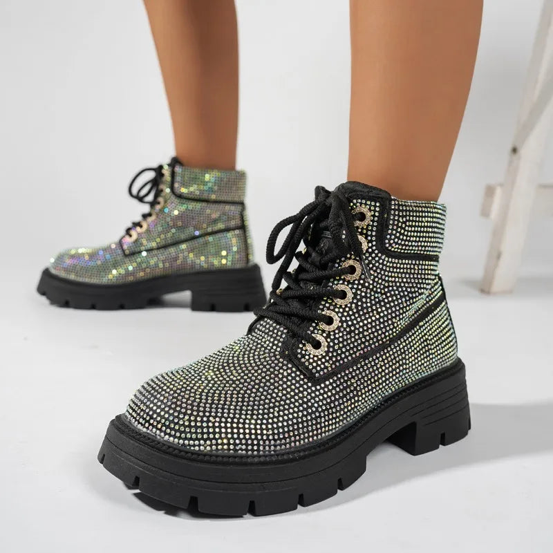 Stivaletti da Donna 2026 di Lusso con Strass e Lacci, Nuovi, Punta Tonda, Suola Spessa, Comodi, Stile Semplice, Scarpe Casual da Donna