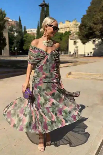 Abito Midi Estivo da Donna con Stampa in Rete e Spalline Sottili, Casual per Feste, Taglie EU e US