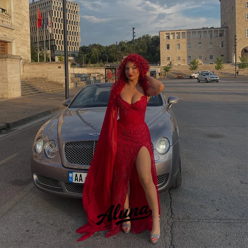 Abito da sera Aluna personalizzato 2026 rosso lucido a sirena con paillettes, scollo a cuore e spacco alto - Vestidos Robes De Soiree