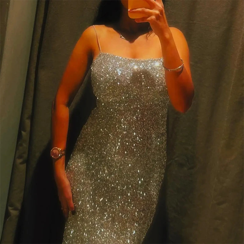 Elegante Abito con Paillettes da Donna Primavera Estate 2026, Vestito Senza Maniche con Scollo a Barca, Abito da Festa Scintillante, Dolce Abito da Ufficio Argento