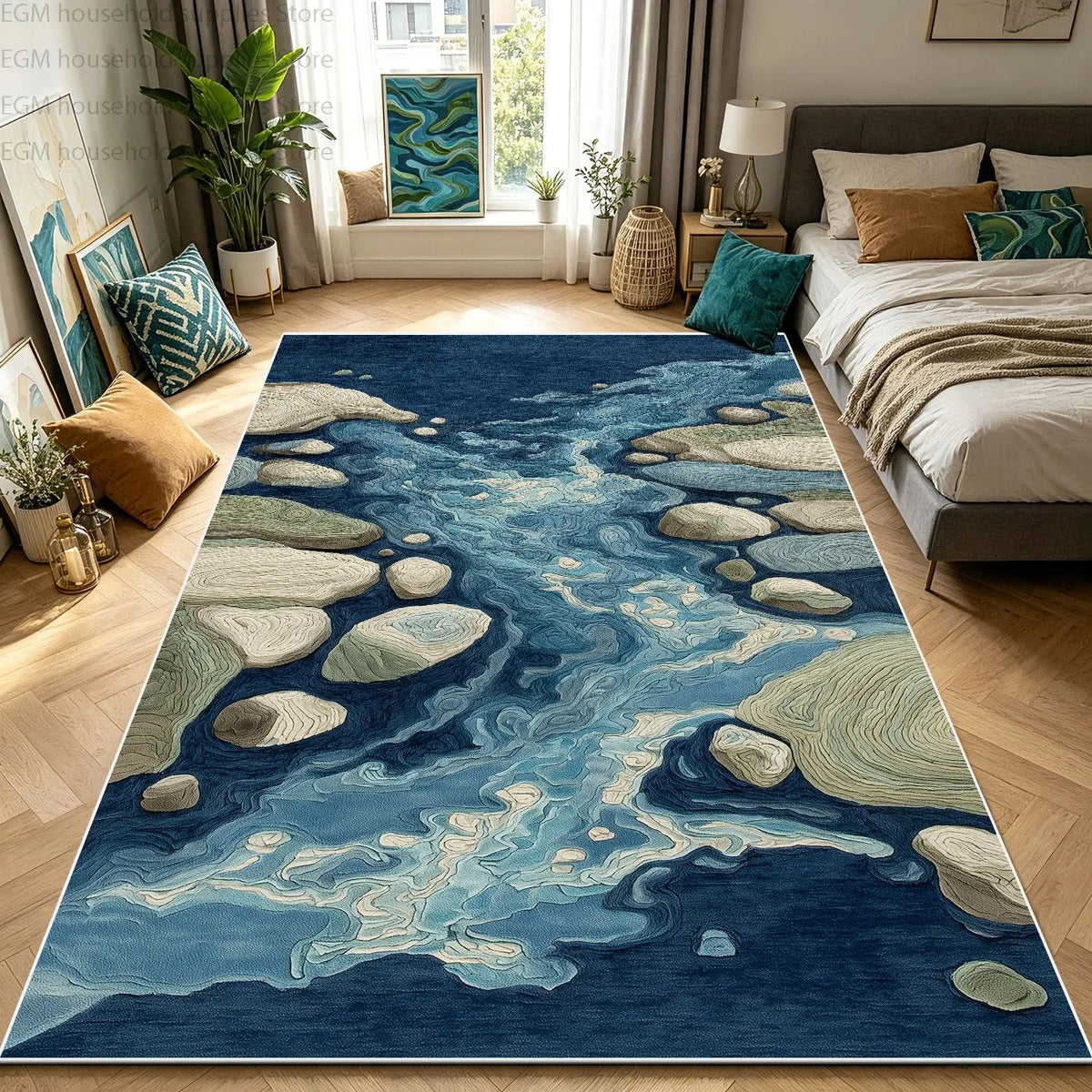 Blue Green River 3D Nature Landscape Carpet for Living Room Bedroom Large Area Rug Washable Non-slip Soft Fluffy Decor Floor Mat