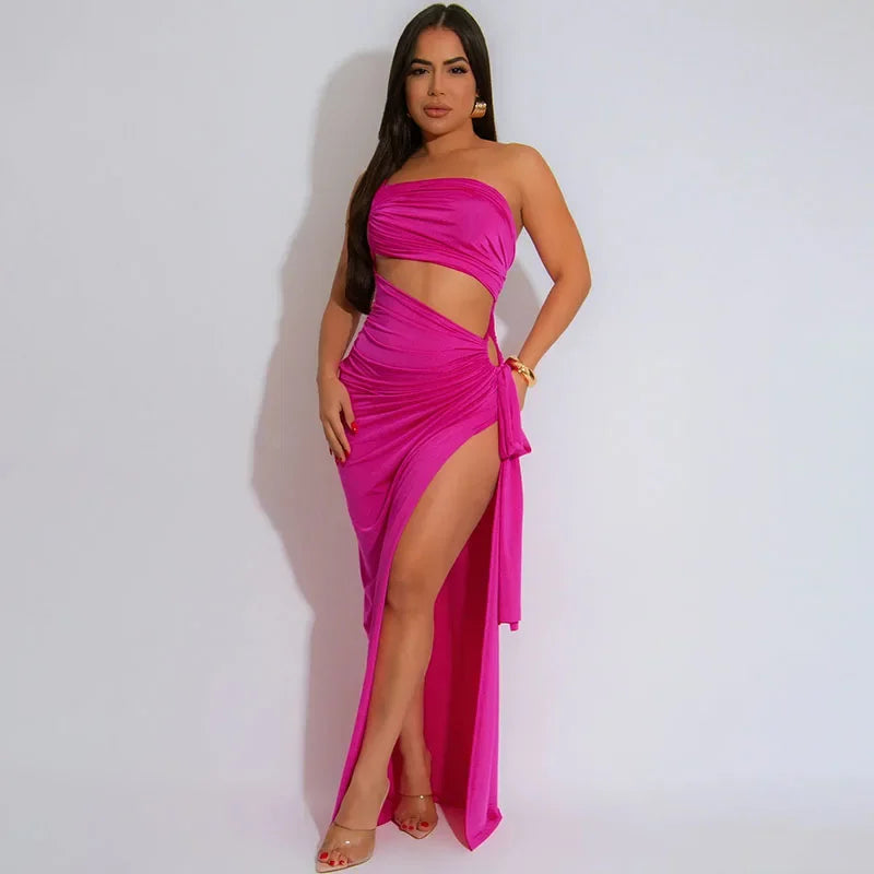Abiti da festa sexy scollati con spacco alto Abbigliamento donna Night Club Increspato senza spalline senza maniche Backless Prom Maxi Dress Vacation
