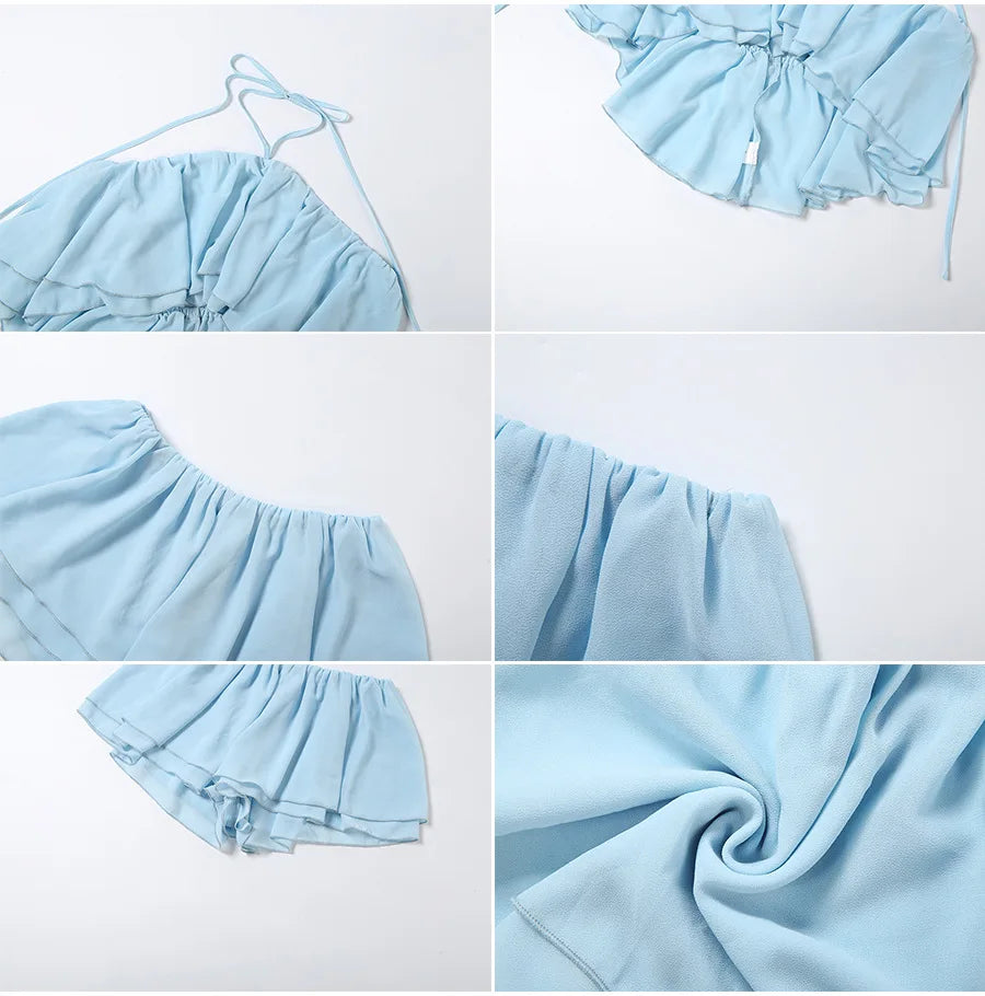 Completo coordinato due pezzi da donna sexy con scollo all'americana e volant, top corto senza schienale e minigonna pantaloncino, moda estate 2026 per vacanze