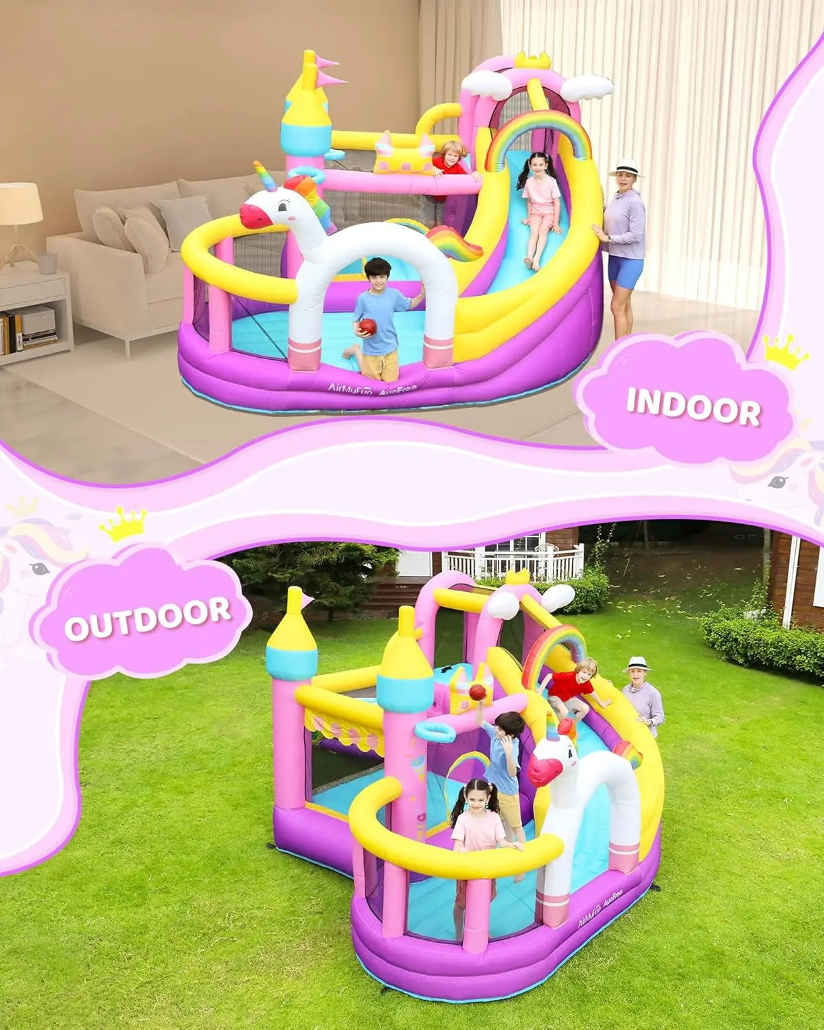 Inflatable Bounce House 5 in 1 Unicorn Wide Slide Jumping Castle for Kids Backyard Ball Pit Climbing Wall Basketball Hoop