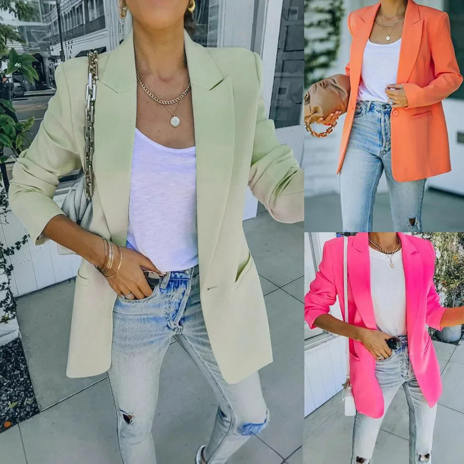 Giacca da Donna Elegante Monocolore a Maniche Lunghe con Colletto Rovesciato, Nuova Collezione Autunno Inverno, Stile Cross-Border