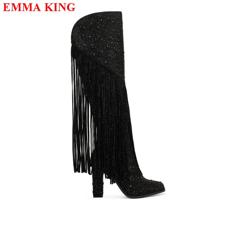 Nuovi stivali femminili con frange alte al ginocchio con strass Tacchi grossi di lusso Stivali lunghi da donna Moda Nappa Punta a punta Scarpe da festa Donna