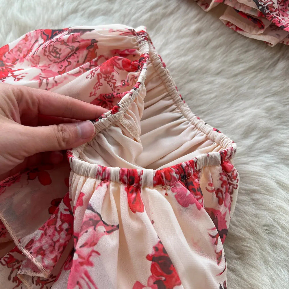 Completo due pezzi da donna: Top stampato floreale con spalle scoperte e gonna lunga a vita alta a trapezio, stile Y2K streetwear elegante e slim fit