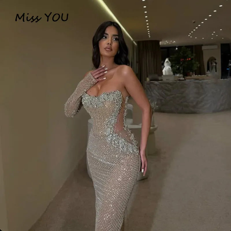 Abito da ballo personalizzato, lussuoso e brillante, con perline, senza spalline, effetto illusione, sexy, per occasioni formali