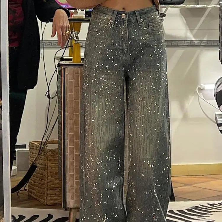 Pantaloni in denim con strass lavati americani retrò da donna estivi Pantaloni lunghi a gamba larga per ragazza piccante Millennium Heavy Duty Full Sky Star
