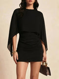 Elegante Abito Mini da Donna Autunnale con Scollo Rotondo, Maniche a Mantella, Aderente, con Sovrapposizione in Chiffon Trasparente e Vita Arricciata, per Feste e Serate in Discoteca