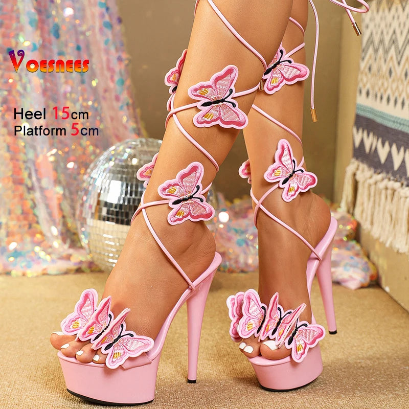 Sandali con plateau alla moda 15CM Tacchi alti Scarpe con cinturino alla caviglia a farfalla per le donne 2025 Sandali da ballo con tacco sottile estivo con lacci