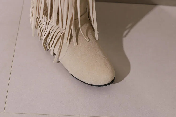 Ochanmeb stivali con frange Western rosso vino per donna stivali con tacco rialzato giallo nappe nere senza Zip scarpe da donna calde e larghe al polpaccio