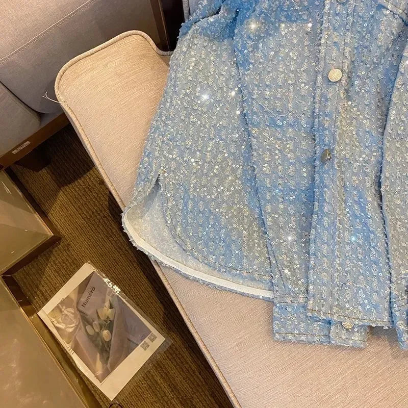 2024 primavera autunno nuovo cappotto donna industria pesante giacca blu femminile amanti della strada moda allentata tasca top camicia giacche