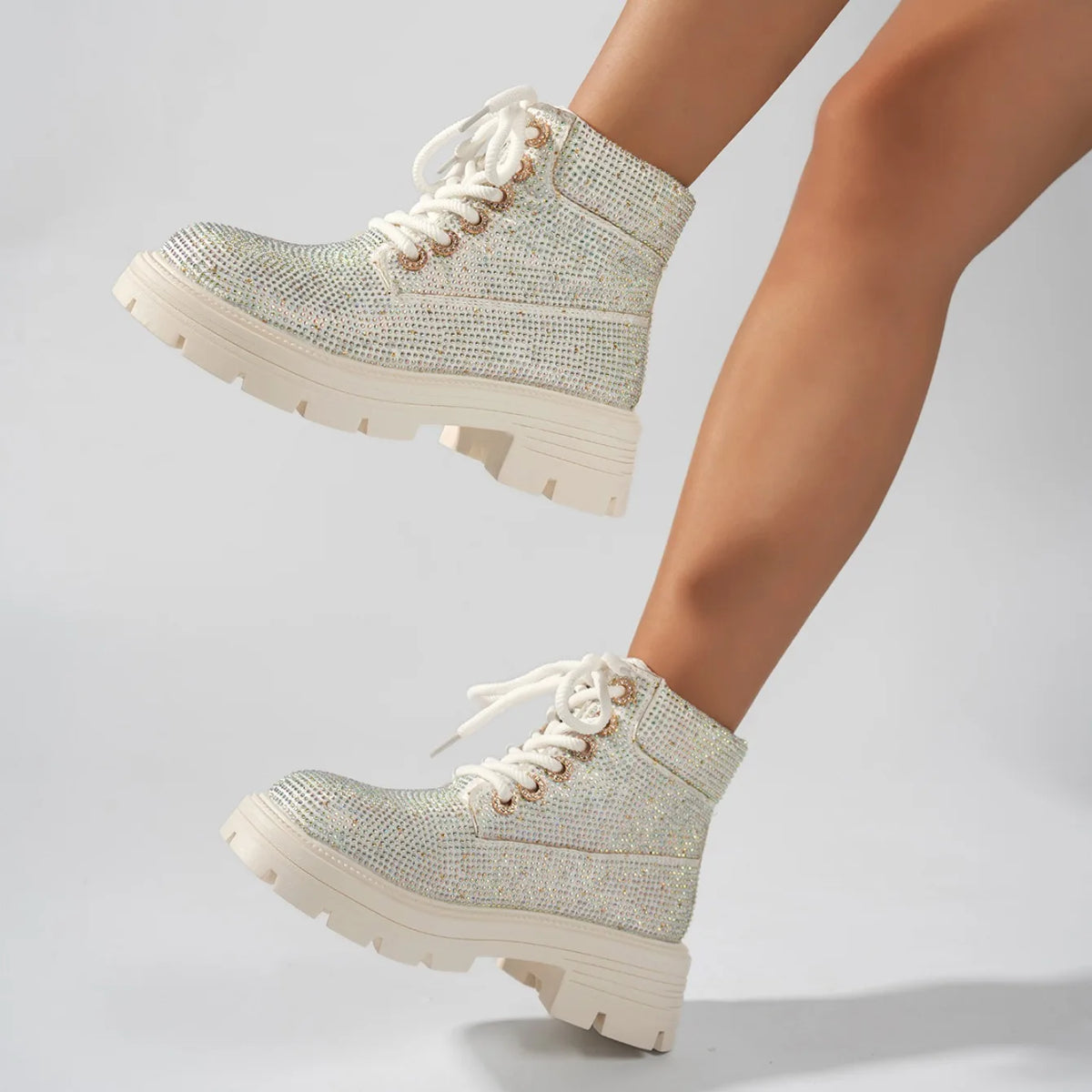 Stivaletti da Donna 2026 di Lusso con Strass e Lacci, Nuovi, Punta Tonda, Suola Spessa, Comodi, Stile Semplice, Scarpe Casual da Donna