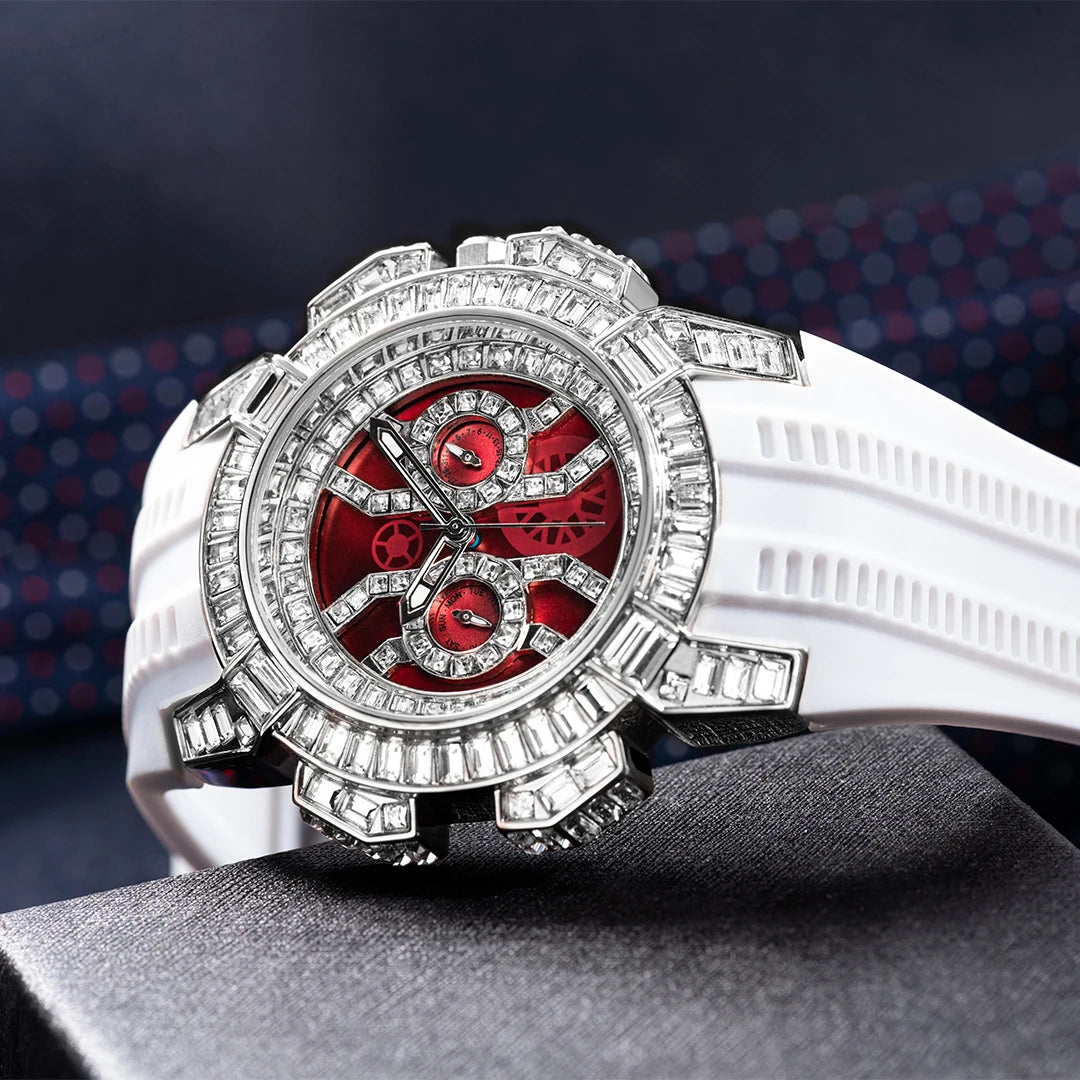 MISSFOX Nuovo Orologio Al Quarzo Rosso Per Gli Uomini di Lusso Hip Hop Streetwear Orologio Impermeabile Orologi Con Diamanti Orologi Da Polso Da Uomo Al Quarzo AAA