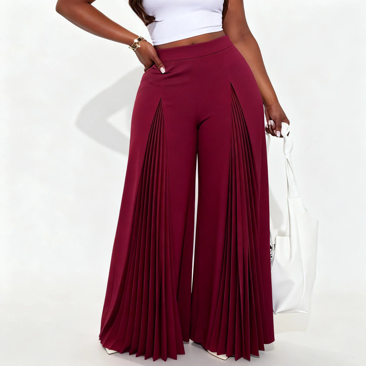 Pantaloni Eleganti a Pieghe a Vita Alta con Spacco, Gamba Larga, Casual, alla Moda, Comodi, Lunghi, da Donna, per Ufficio, Stile Palazzo Dritti