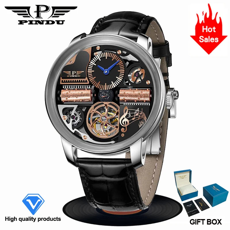 PINDU Design Nuovo Orologio Meccanico di Lusso da Uomo in Acciaio Inossidabile con Vetro Zaffiro Movimento M2791B Impermeabile 50M Automatico