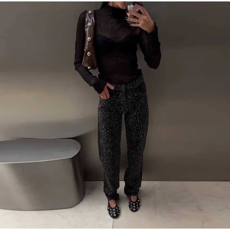 Pantaloni da donna in denim con diamanti chic Tasche a vita media con glitter alla moda Jeans femminili 2025 Pantaloni lunghi da donna di High Street primavera estate