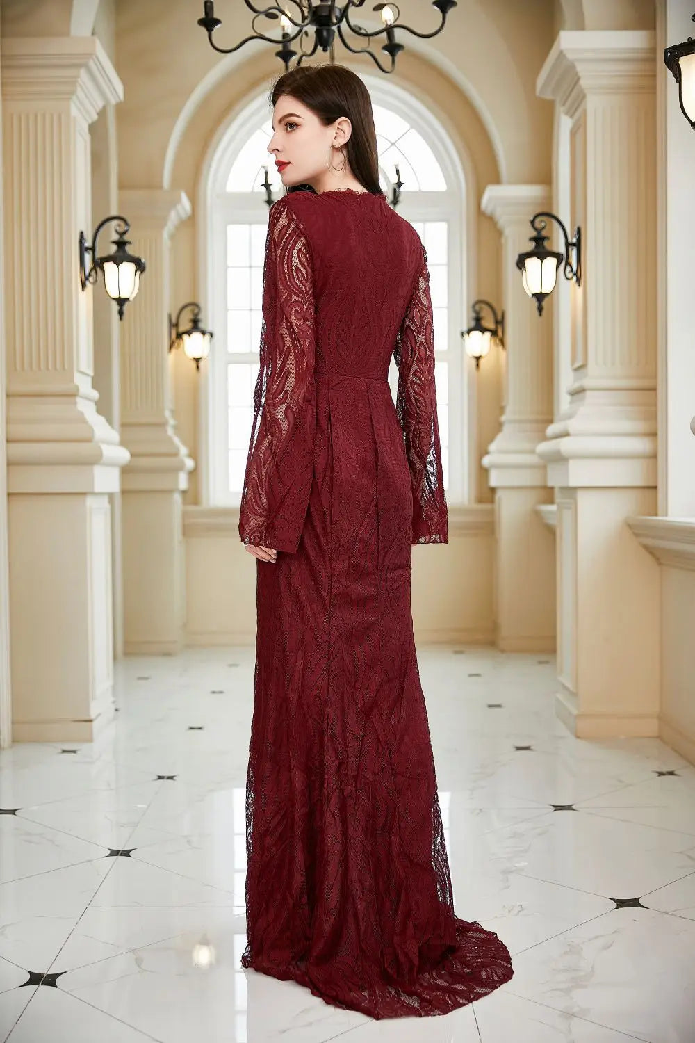 Abito in Pizzo da Donna Primavera Estate, Vestito da Damigella d'Onore, Abito da Sera per Ospiti di Matrimonio, Manica Lunga, Scollo a V, Aderente, Bordeaux