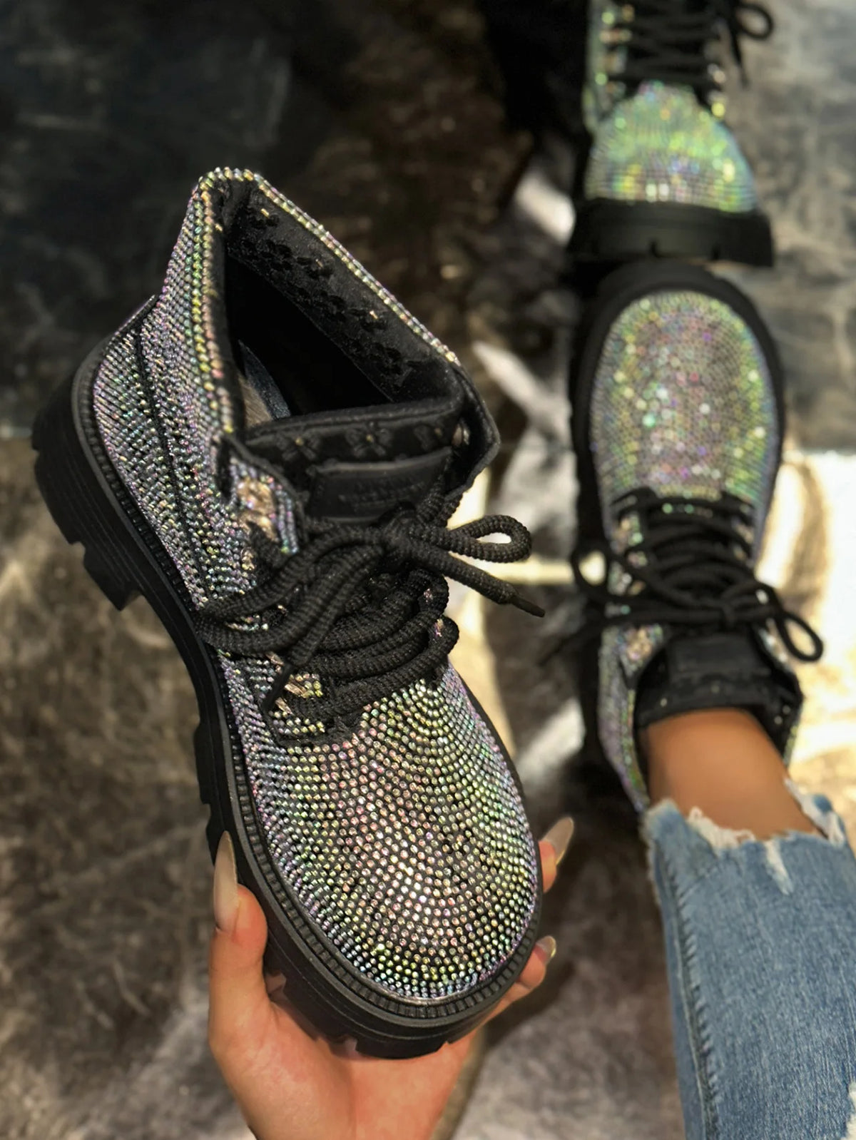 Stivaletti Retrò Autunno Inverno Nuovi con Strass e Lacci Punta Tonda Plateau Scarpe da Donna Taglie Grandi