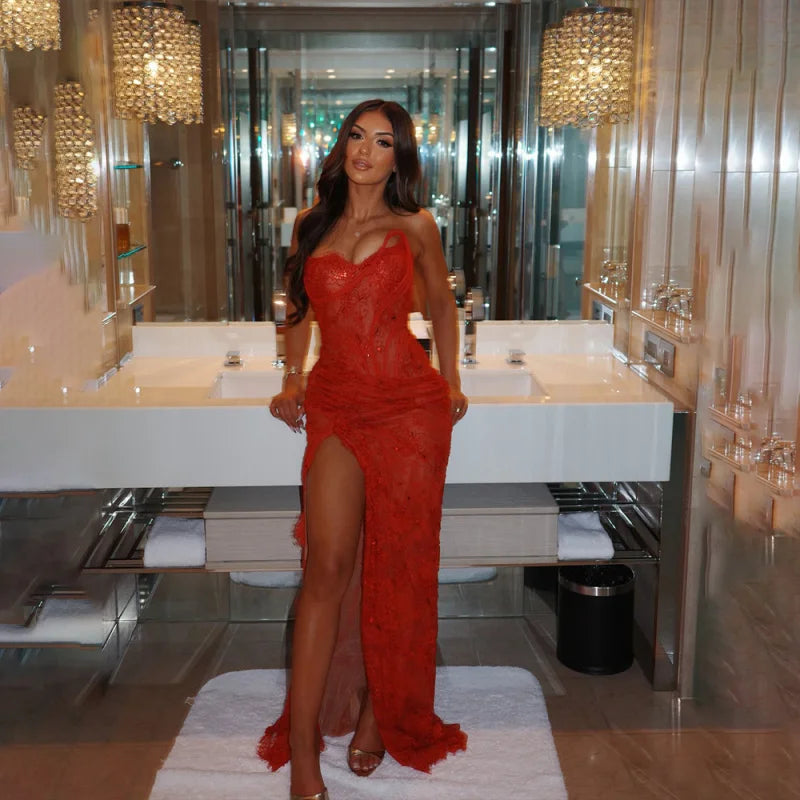 Abito da sera elegante rosso con applicazioni in pizzo, spacco alto, a sirena, scollo a cuore, per feste, da donna, Vestido personalizzabile 2026