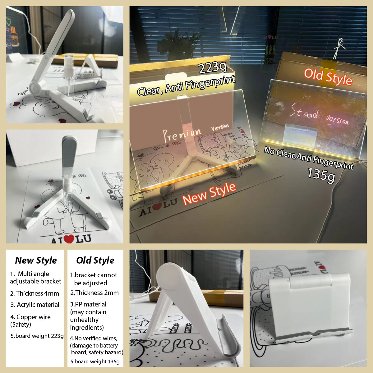 Acrylic Clear Light Up Drawing Board,Glow Erasable Memo LED Magic Board , Kids DIY Toys , with 7 Color Markers Pen and Stand