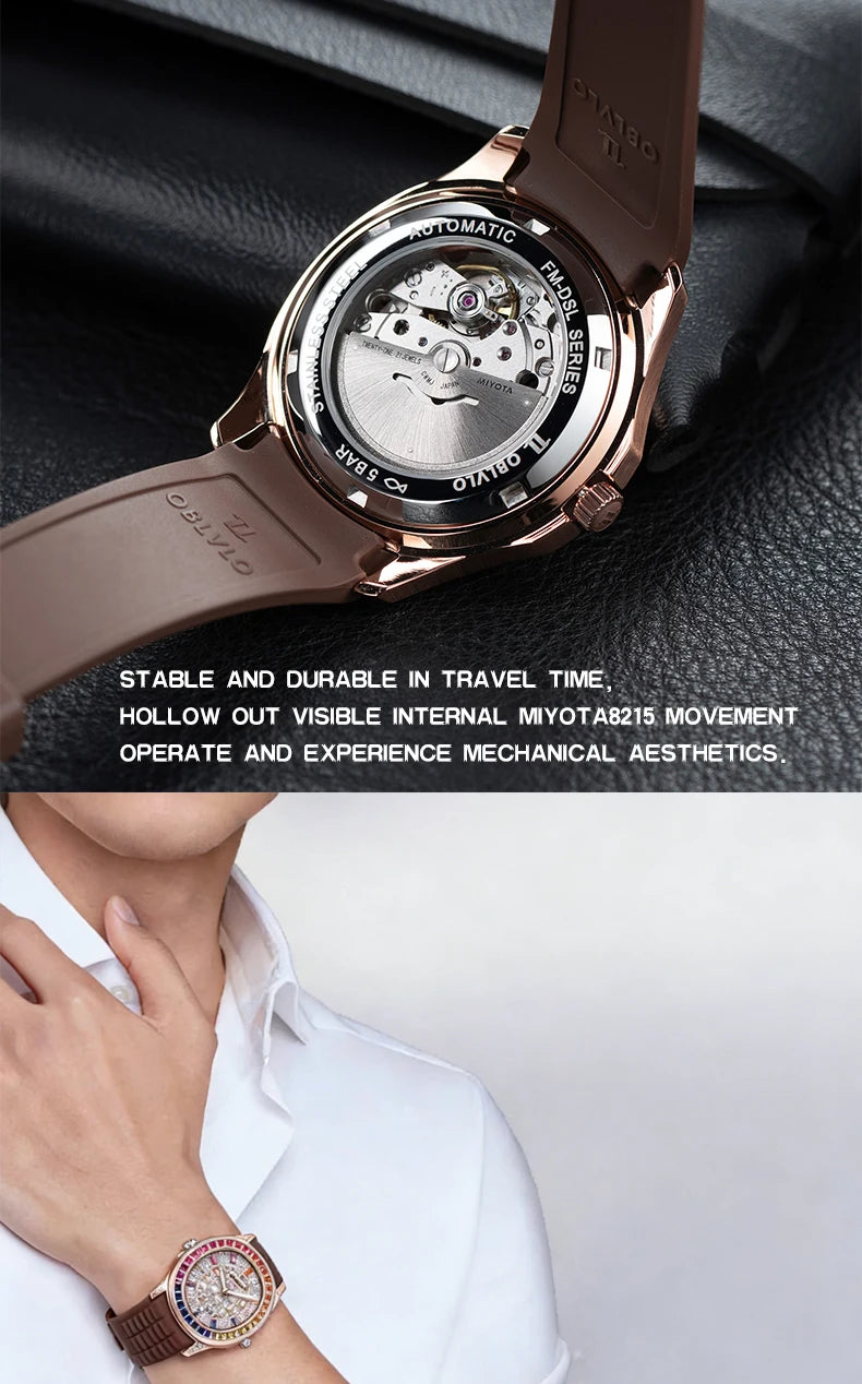 Orologio Quadrato di Lusso da Uomo OBLVLO con Movimento Meccanico Automatico, Diamanti Rosa, Cinturino in Silicone, Impermeabile FM-DSL
