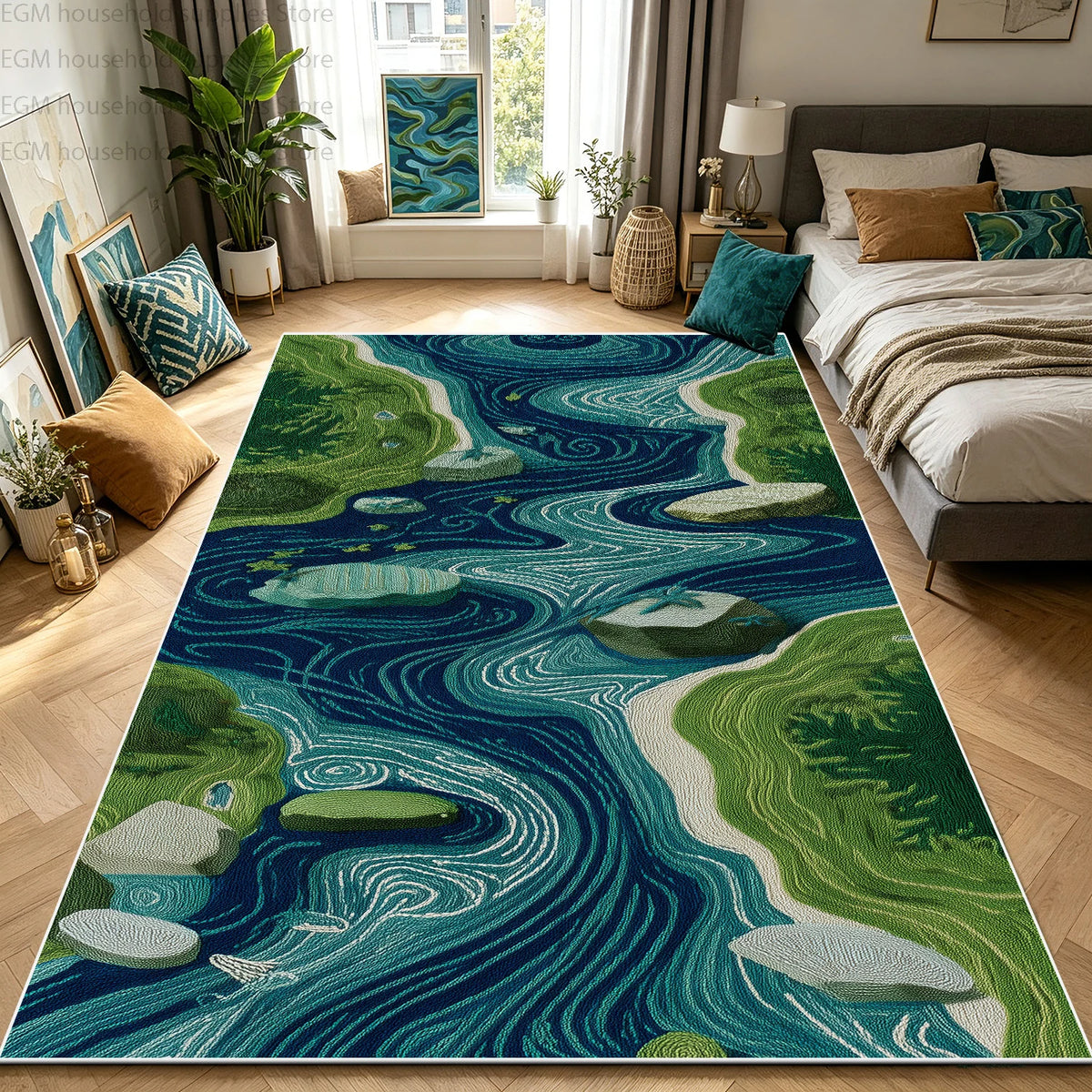 Blue Green River 3D Nature Landscape Carpet for Living Room Bedroom Large Area Rug Washable Non-slip Soft Fluffy Decor Floor Mat