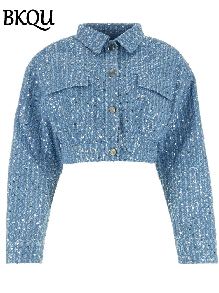 BKQU eleganti giubbotti Bomber con paillettes moda donna maniche lunghe o-collo cappotti corti 2024 autunno inverno donna capispalla High Street