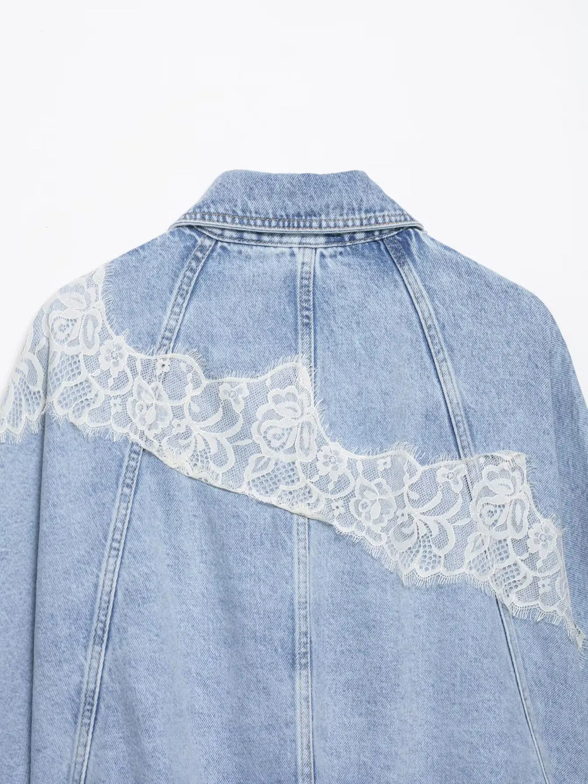 YENKYE Nuova Giacca in Denim Corta da Donna 2026 Blu Chiaro con Inserti in Pizzo, Bottoni Frontali, Maniche Lunghe, Vestibilità Ampia, Stile Streetwear