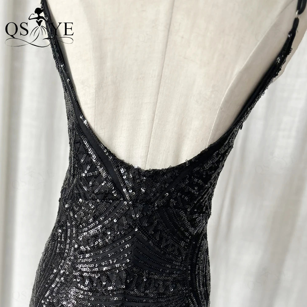 Abito da sera lungo nero semplice con paillettes, modello a sirena, spalline sottili, scollo a V, senza schienale, elegante per feste